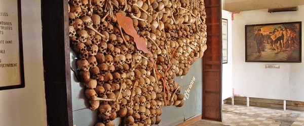 A map of Cambodia made with 300 human skulls in Toul Sleng Genocide Museum