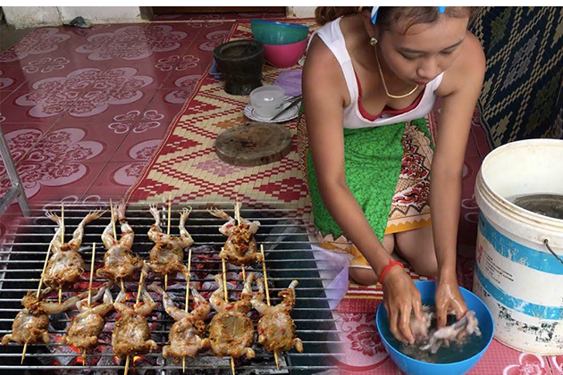 People making grilled frogs